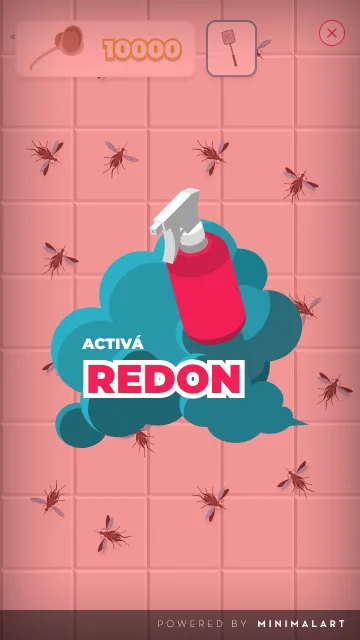Power-up Activa REDON: pantalla teñida de rosa con botella de spray sobre nube celeste, texto 'Activá REDON' y mosquitos eliminados alrededor